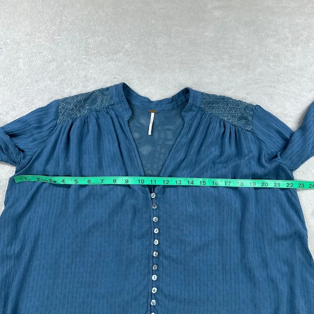 Free People Blouse Women Small Teal Blue Boho Peasant Embroidered Button Front